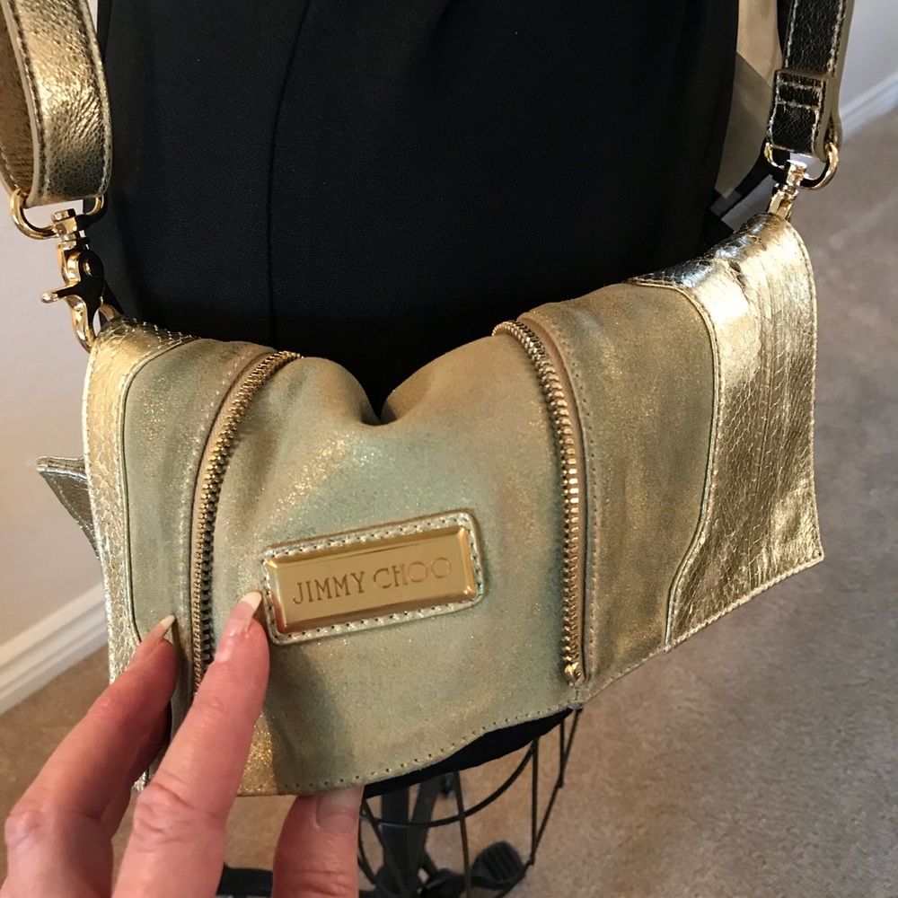 ♦️90% OFF! JIMMY CHOO Metallic Gold Leather and Snake EXPANDABLE CLUTCH - Picture 4 of 8